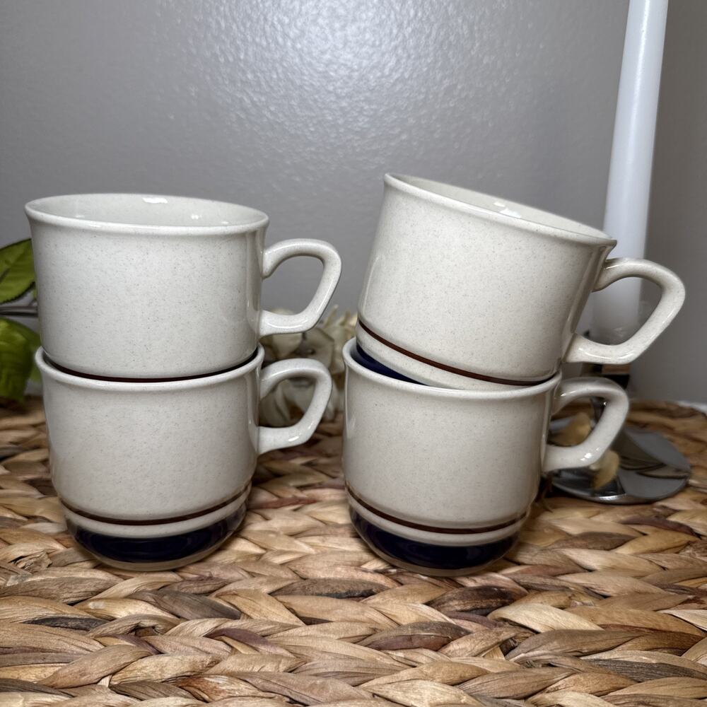 Vintage Chateau Stoneware Cups Set 4 Japan Blue Brown Stripe Rustic Cottage Mug